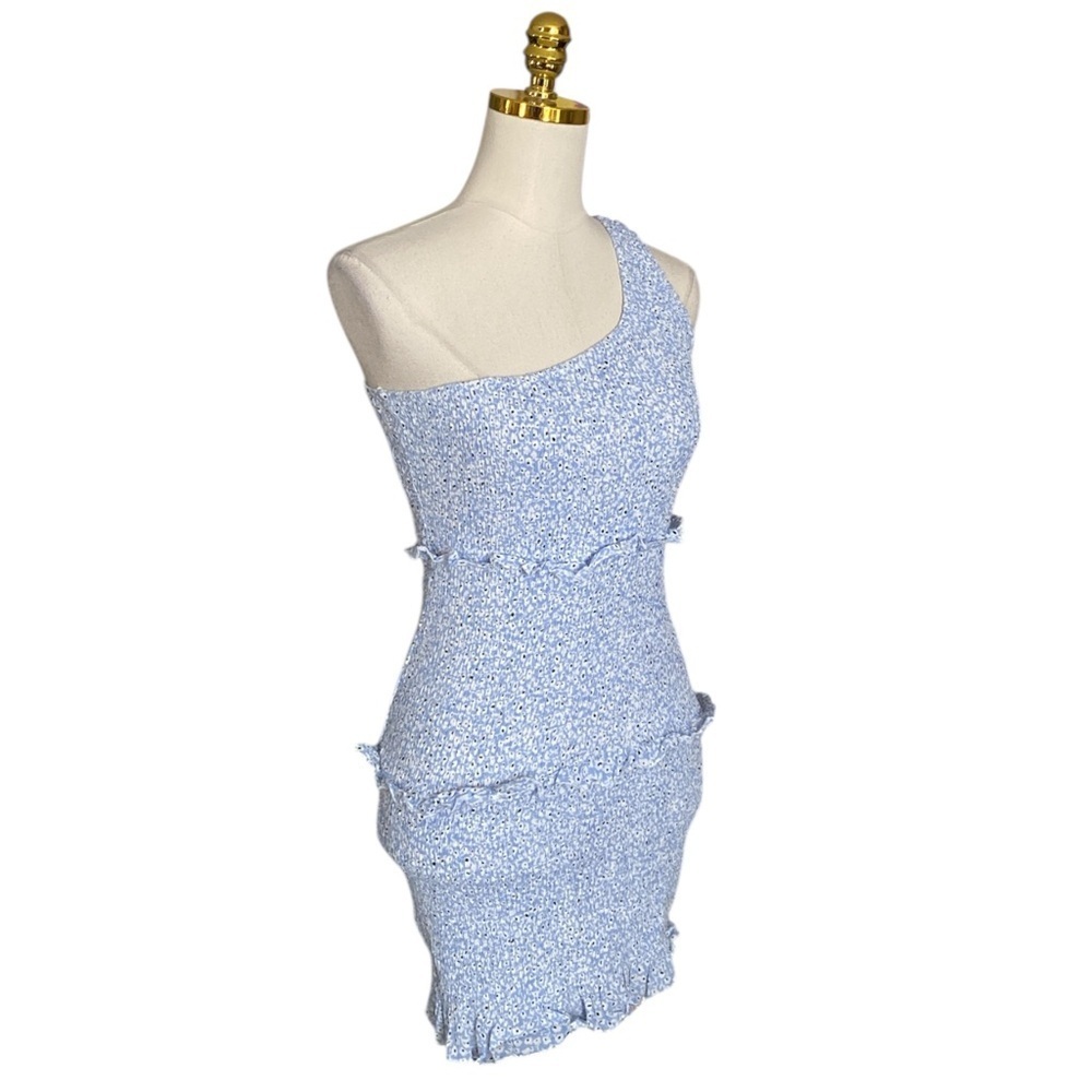 Princess Polly Elza Blue & White Floral Shirred One Shoulder Mini Dress Size 6 - Picture 6 of 10